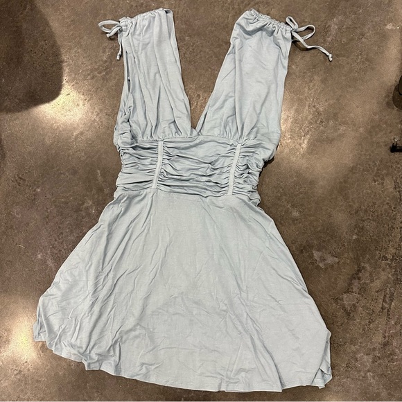 NWT Free People Sweet Summer Mini Dress Faded Denim ruche tie up waist skater - Picture 5 of 8